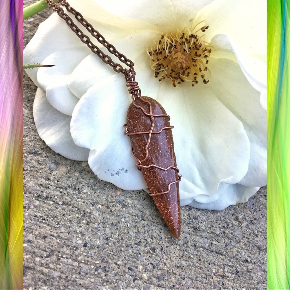 Copper wire-wrapped goldstone spear necklace